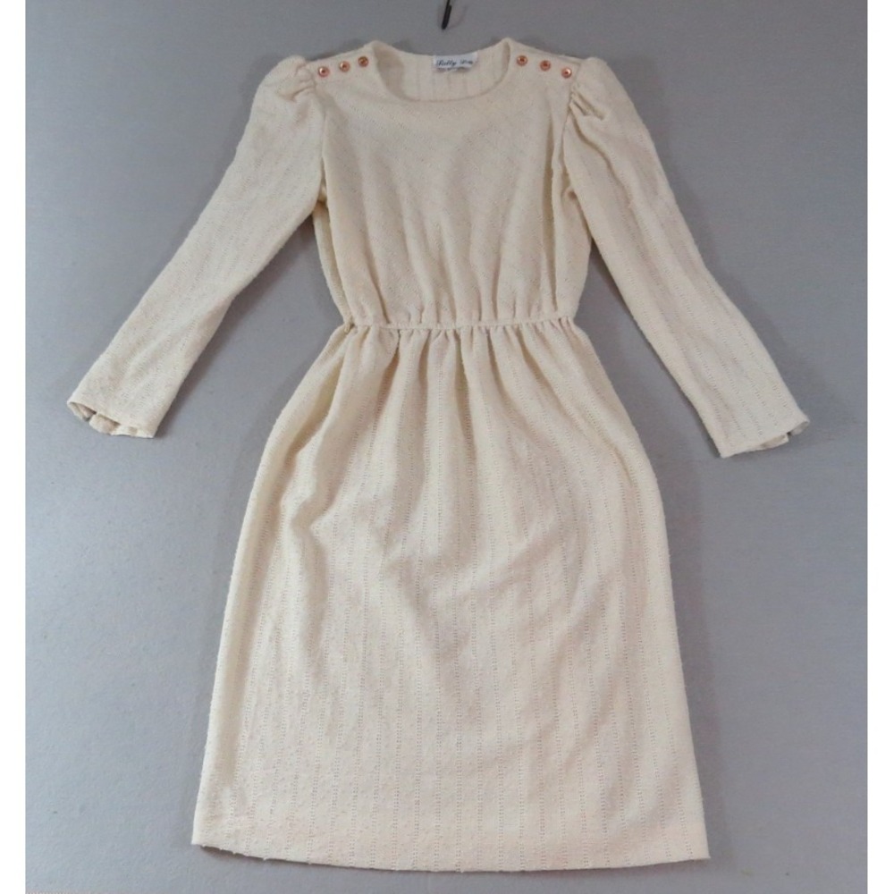 Retro 1970s Sally Lou Cotton Blend Pointelle Bobble Knit Dress Women's Size 14
